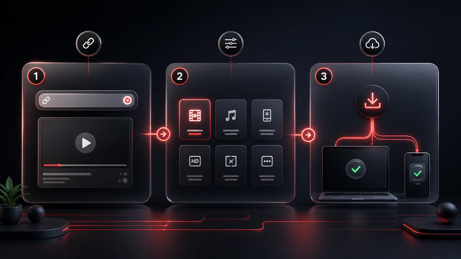 Abstract three-step visual showing search, format selection, and download