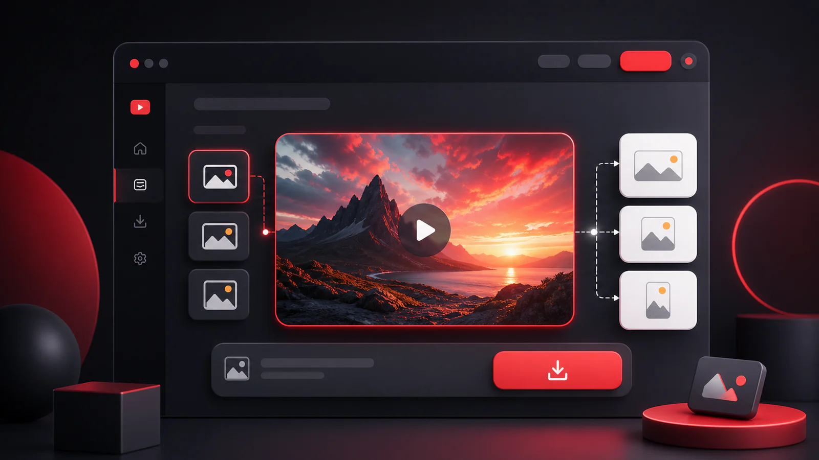 Abstract thumbnail downloader interface with image format cards and preview flow