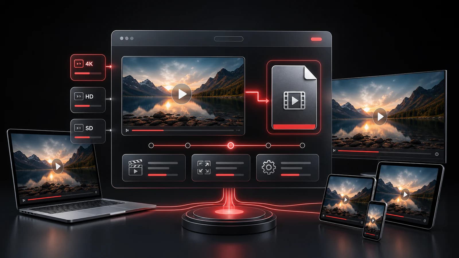 Abstract MP4 downloader interface with video format cards and devices