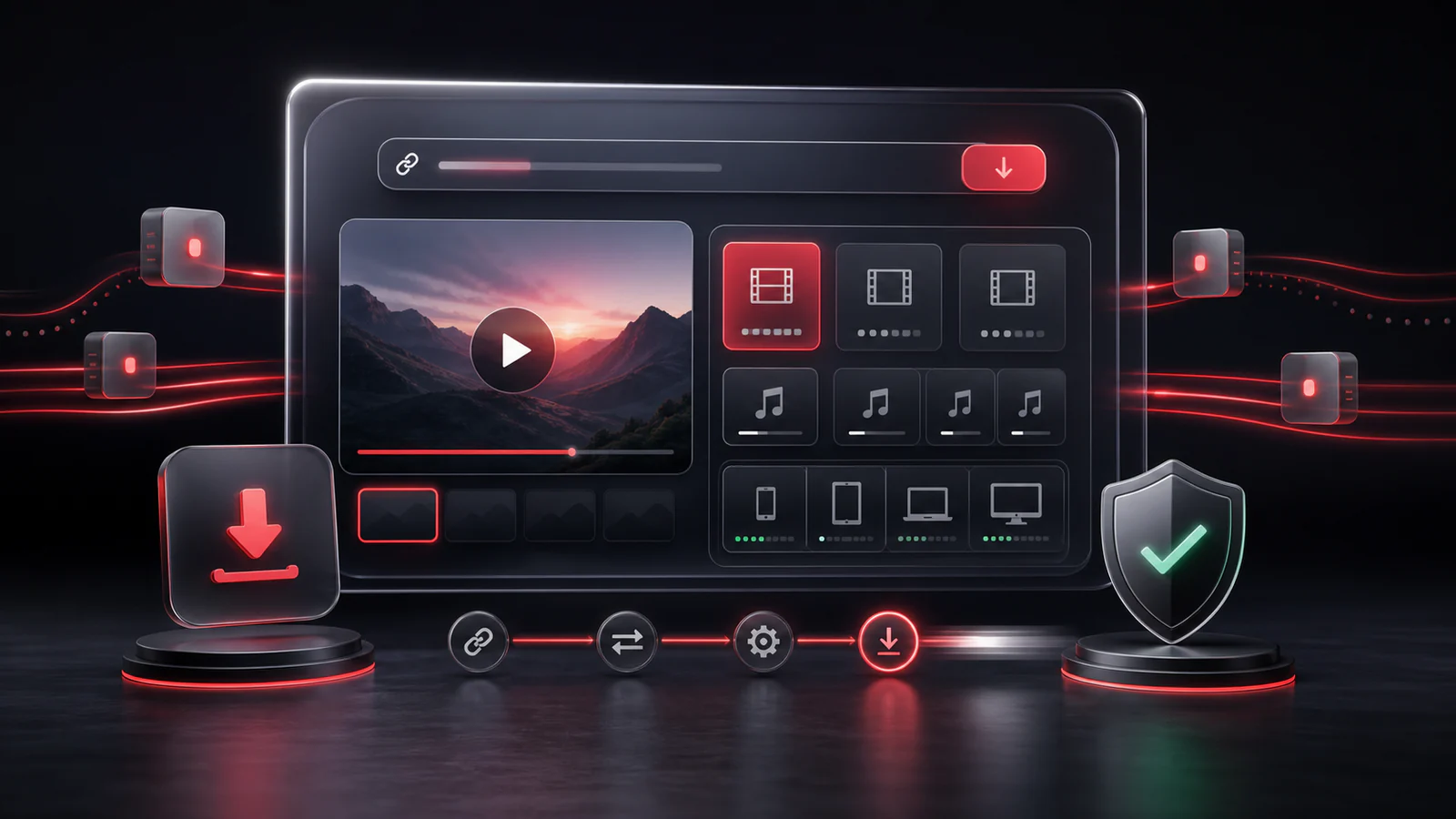 Abstract video downloader interface with format cards and download flow